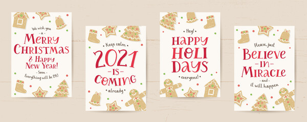 set of vector christmas cards with gingerbreads - 393305710