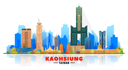 Naklejka premium Kaohsiung Taiwan skyline with panorama in sky background. Vector Illustration. Business travel and tourism concept with modern buildings. Image for banner or web site.