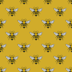 Vector seamless pattern with yellow bees. Handdrawn design.