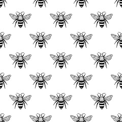 Vector seamless pattern with bees. Black and white texture