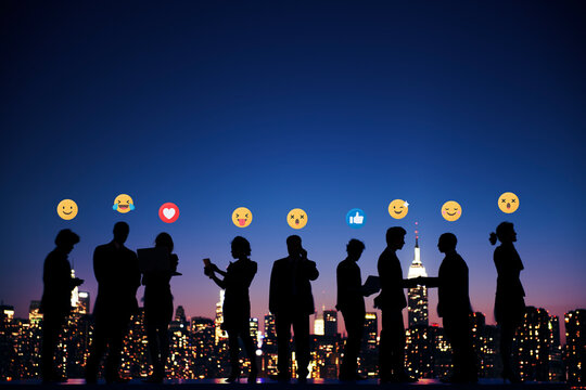 Business people silhouettes overlooking the city and sharing ideas - Powered by Adobe