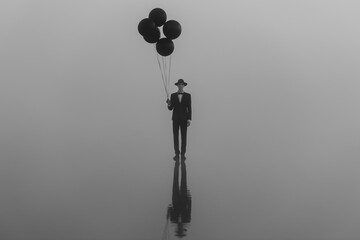 surreal portrait of a man in a suit with a hat with balloons in his hand on the water © alexkoral