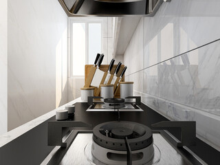 Modern family kitchen design, new cabinets and kitchenware with refrigerators, sunlight from the window.