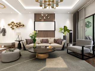 clean and tidy modern living room design, entrance with shoe cabinet, sofa, TV, table, leisure chair and other facilities