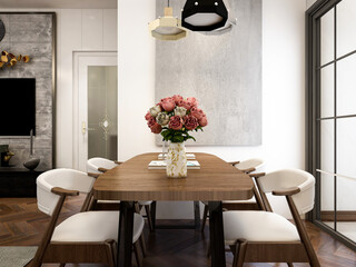 spacious dining room design next to the modern kitchen, with a beautiful dining table and greenery