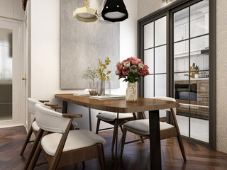 spacious dining room design next to the modern kitchen, with a beautiful dining table and greenery