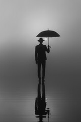 surreal portrait of a man in a suit and hat with an umbrella standing on the water