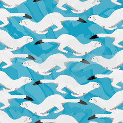 Seamless pattern. A white ermine with a black tip of its tail runs against a blue background. Wild animals of the Arctic. Mustela erminea. Vector illustration