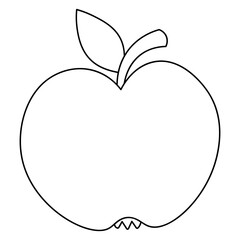 Apple. Delicious fruit with a leaf. Vector illustration. Outline on an isolated white background. Doodle style. Sketch. Coloring book for children. Harvesting. Seasonal product. Juicy fruit.