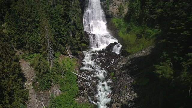 Drone Flying Slow Motion to Stunning Alexander Falls Waterfall Near Whistler Canada