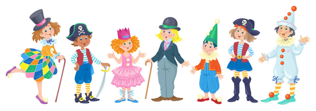 Seven happy children of different nationalities in carnival costumes. In cartoon style. Isolated on white background. Vector flat illustration.