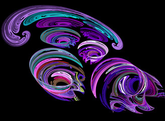 Colored swirls form funnels that go down against a black background. Stylization of a drawing drawn with watercolors, chalk, gouache. Abstract fractal background. 3d rendering. 3d illustration.