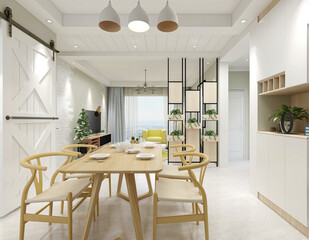 Fototapeta premium spacious dining room design next to the modern kitchen, with a beautiful dining table and greenery