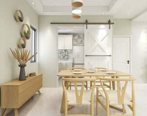 spacious dining room design next to the modern kitchen, with a beautiful dining table and greenery