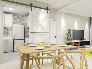 spacious dining room design next to the modern kitchen, with a beautiful dining table and greenery