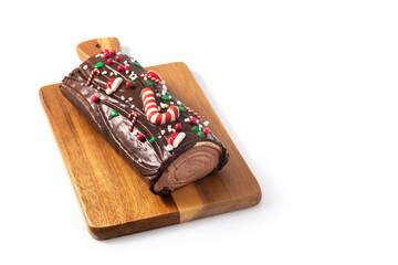 Chocolate yule log christmas cake isolated on white background.Copy space