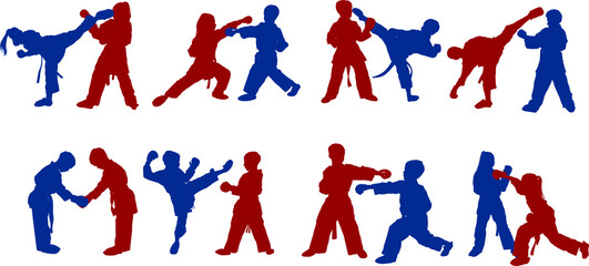figures of sportsmen children boys and girls sparring in karate