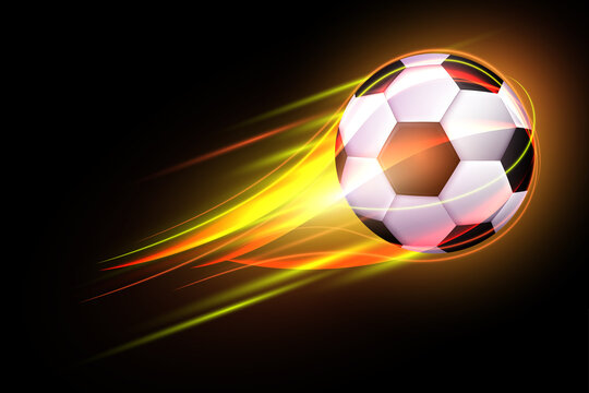 Flying soccer ball with shine motion yellow blur. Flaming soccer ball poster for football sport game. 