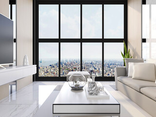 spacious living room design of modern residence, with sofa, tea table, decorative painting, etc