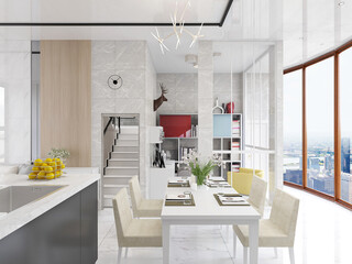 spacious dining room design next to the modern kitchen, with a beautiful dining table and greenery