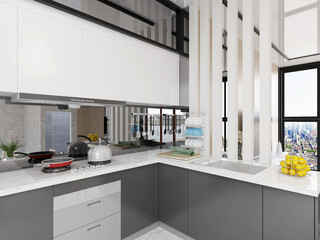 Modern family kitchen design, new cabinets and kitchenware with refrigerators, sunlight from the window.