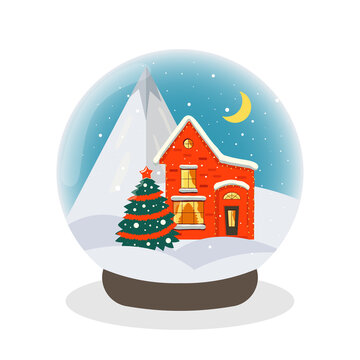 Christmas snow globe with a house, garland, Christmas tree, moon, mountains and snow. New year's gift and festive mood. Glass ball with snow.