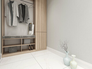 clean and tidy modern living room design, entrance with shoe cabinet, sofa, TV, table, leisure chair and other facilities
