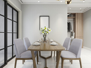 Fototapeta premium spacious dining room design next to the modern kitchen, with a beautiful dining table and greenery