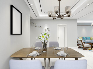 spacious dining room design next to the modern kitchen, with a beautiful dining table and greenery