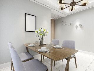spacious dining room design next to the modern kitchen, with a beautiful dining table and greenery