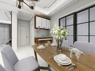 spacious dining room design next to the modern kitchen, with a beautiful dining table and greenery