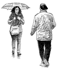 Freehand drawing of casual city pedestrians walking along street