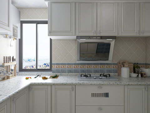 Modern family kitchen design, new cabinets and kitchenware with refrigerators, sunlight from the window.