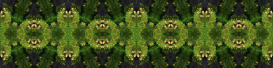 Christmas decoration made from naturalistic looking green spruce branches with needles. Kaleidoscope illustration.
