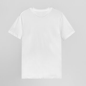 Simple white male t-shirt mockup on a gray background