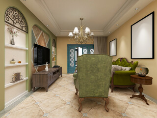 spacious living room design of modern residence, with sofa, tea table, decorative painting, etc