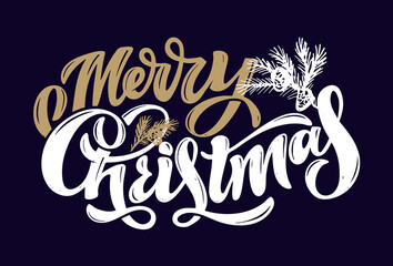 Merry Christmas and Happy new year - cute hand drawn doodle lettering postcard. Season greetings! Winter holidays label - cute template design.