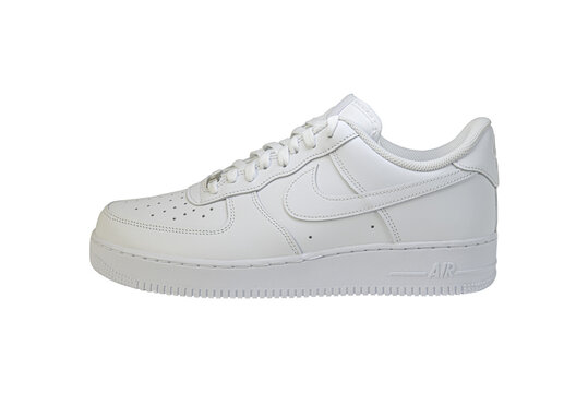 white Nike Air Force One shoes on 100% white background