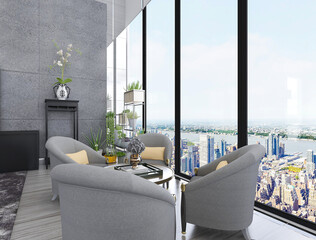 The beginning of modern design is the reception room with large French windows and tables. Suitable for business office and reception staff