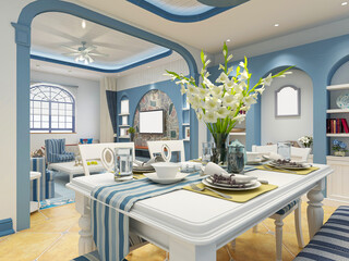 spacious dining room design next to the modern kitchen, with a beautiful dining table and greenery