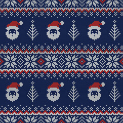 Knitted seamless pattern with Santa Clauses. Vector background.