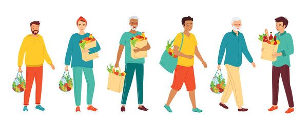 Fototapeta na wymiar Collection men different ages and nationalities holding natural products. People with a grocery bag. Healthy fresh food, fruits and vegetables. Zero waste, vegetarianism.Isolated vector illustration