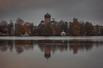 Fototapeta premium Holy Vvedensky island hermitage - Orthodox female monastery on island on Vvedensky lake, Pokrov, Russia