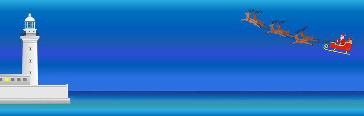 Santa Claus is riding a sleigh with reindeer. sea and lighthouse. night sea, web banner, web header, footer, flier, blue, sky, sunny, frame, copy space, vector illustration, graphic, landscape,	