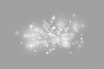 Glow light effect. Vector illustration. Christmas flash dust. White sparks and glitter and snowflakes special light effect. Vector sparkles on transparent background. Sparkling magic dust particles