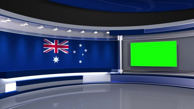 TV studio. Australia flag studio. Australia flag background. News studio. The perfect backdrop for any green screen or chroma key video or photo production. 3d render. 3d