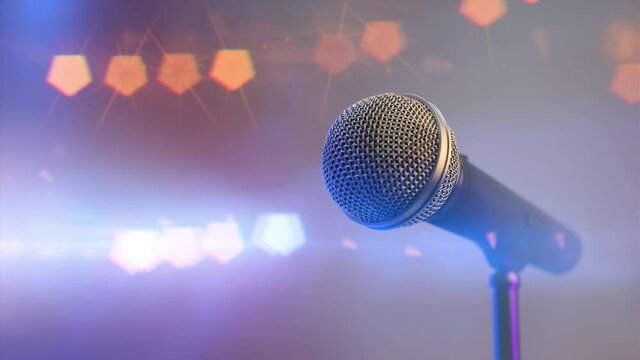 Music concert and close to audio microphone on the stage with colorful spotlights. Huge amount stage lights and loud sound is immerse you in the holiday party and celebration atmosphere, 3d animation.