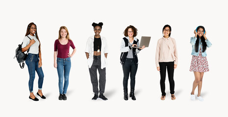 Young female student character mockups set