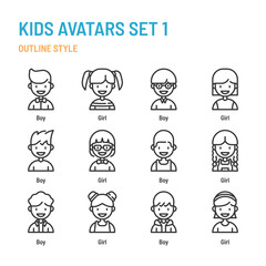 Kids avatars in outline icon and symbol set