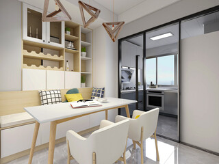 spacious dining room design next to the modern kitchen, with a beautiful dining table and greenery